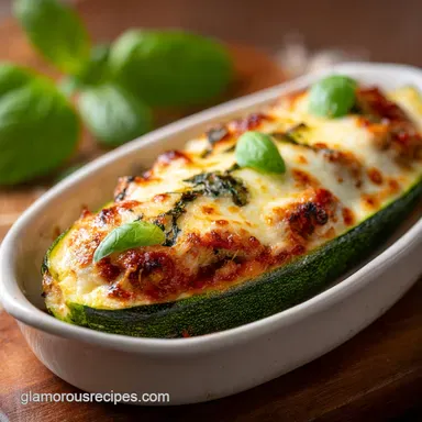 Low Carb Chicken Parmesan Stuffed Zucchini Boat for 4 Servings Recipe Card