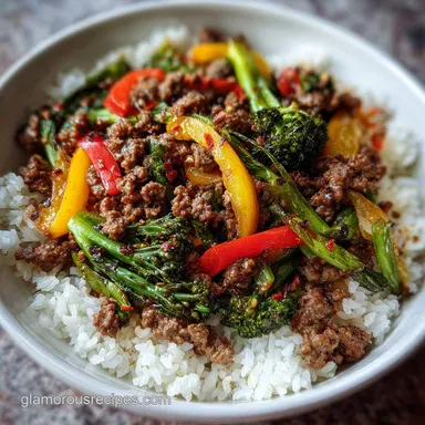 Spicy Ground Beef Stir-Fry Bowl with Garlic Veggies and Steamy Rice in 20 Minutes Recipe Card