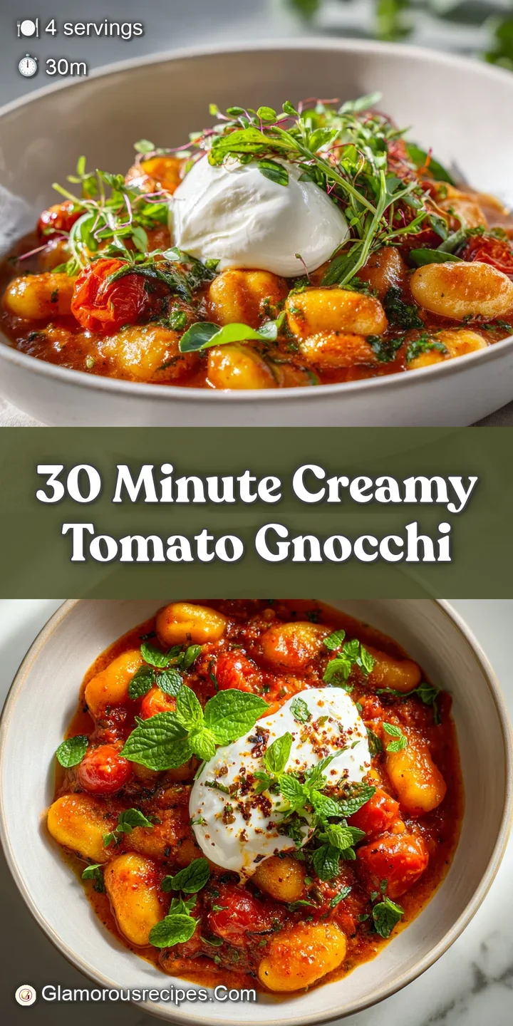 Close-up of creamy tomato gnocchi. The rich red sauce contrasts beautifully with the soft, pale gnocchi. Basil adds a pop ...