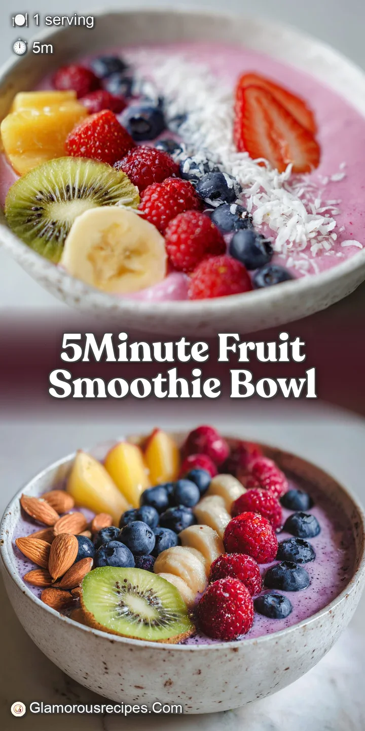 Close-up of a creamy, blended smoothie base topped with vibrant berries, crunchy granola, and chia seeds, a refreshing & t...