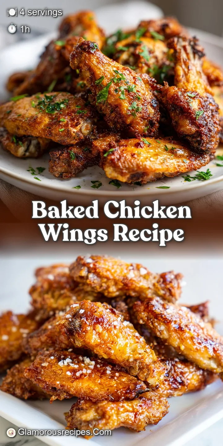 Close-up of a juicy baked chicken wing, glistening with sauce and spices. The crispy skin and visible steam evoke savory f...