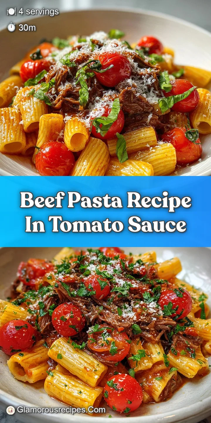 Close-up view of glistening pasta strands embraced by thick, savory tomato sauce with juicy pieces of beef. So tempting!