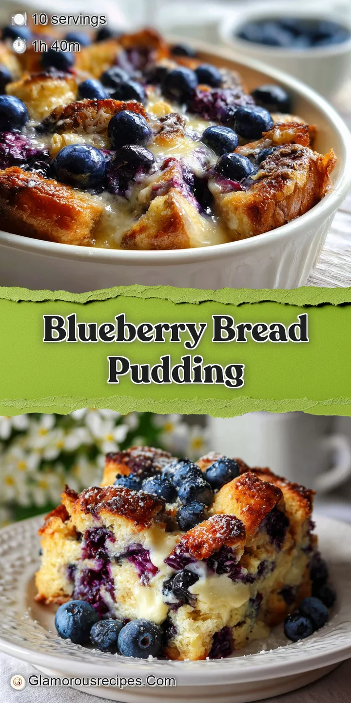 Close-up of moist blueberry bread pudding, oozing with cream cheese and bursting with plump, glistening blueberries.