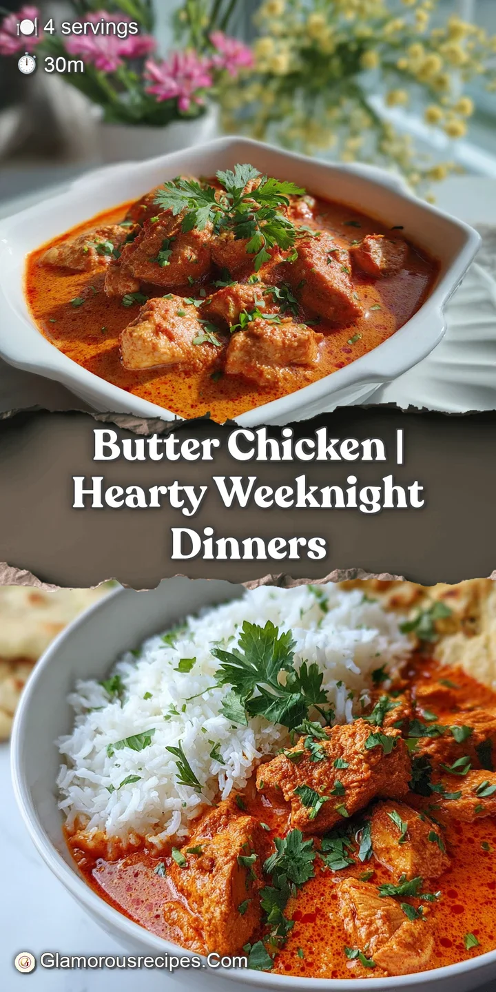 Close-up of butter chicken, showing the luscious, velvety texture of the sauce and tender, juicy chicken pieces.