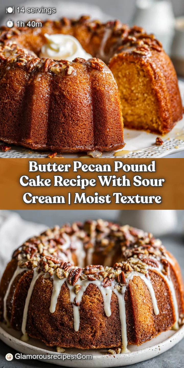 Close-up of a butter pecan pound cake's crinkled top. Browned nuts and glossy glaze highlight the cake's sweetness.