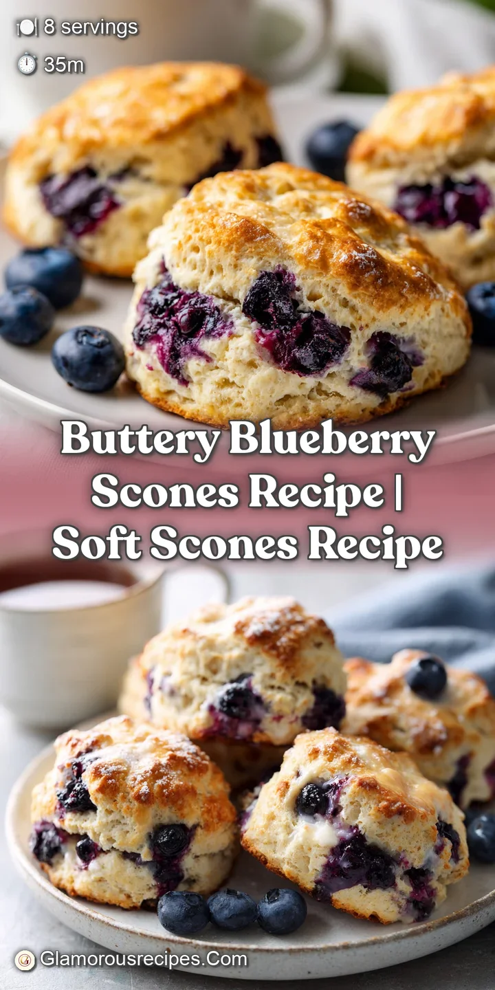 Close-up of a glazed blueberry scone, its golden crust glistening, speckled with bursts of blue from the ripe blueberries ...