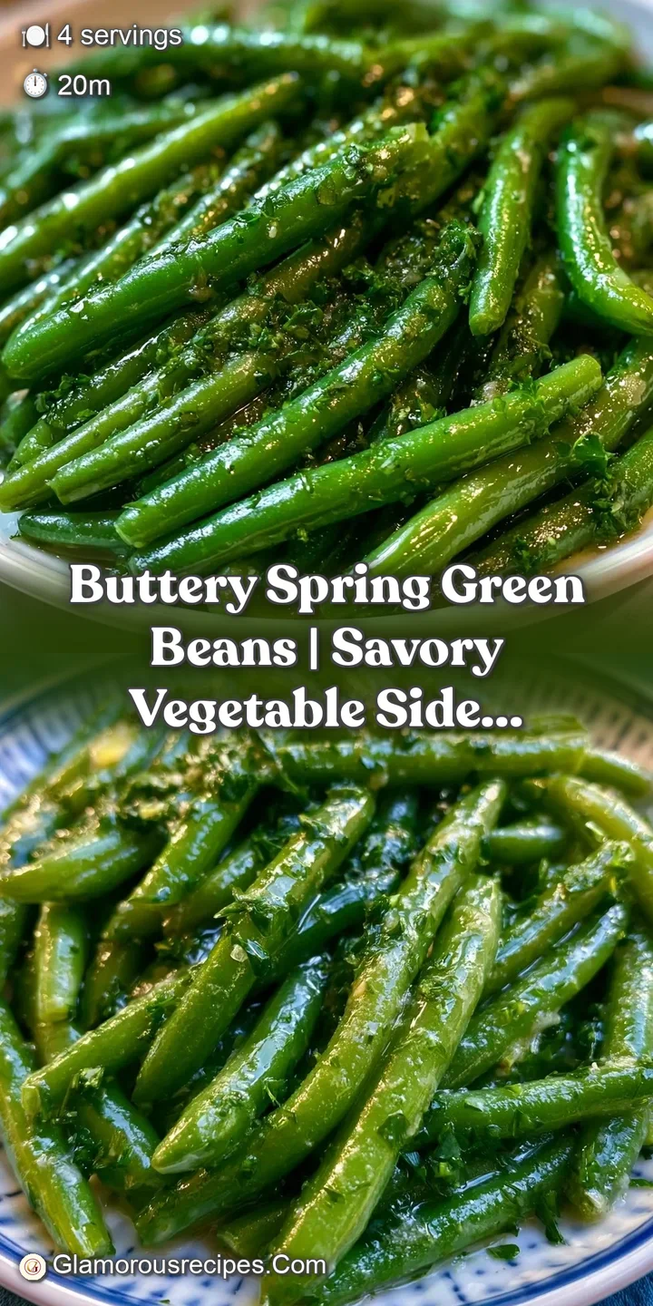 Extreme close-up of glistening green beans with golden butter droplets and small bits of saut&eacute;ed garlic.