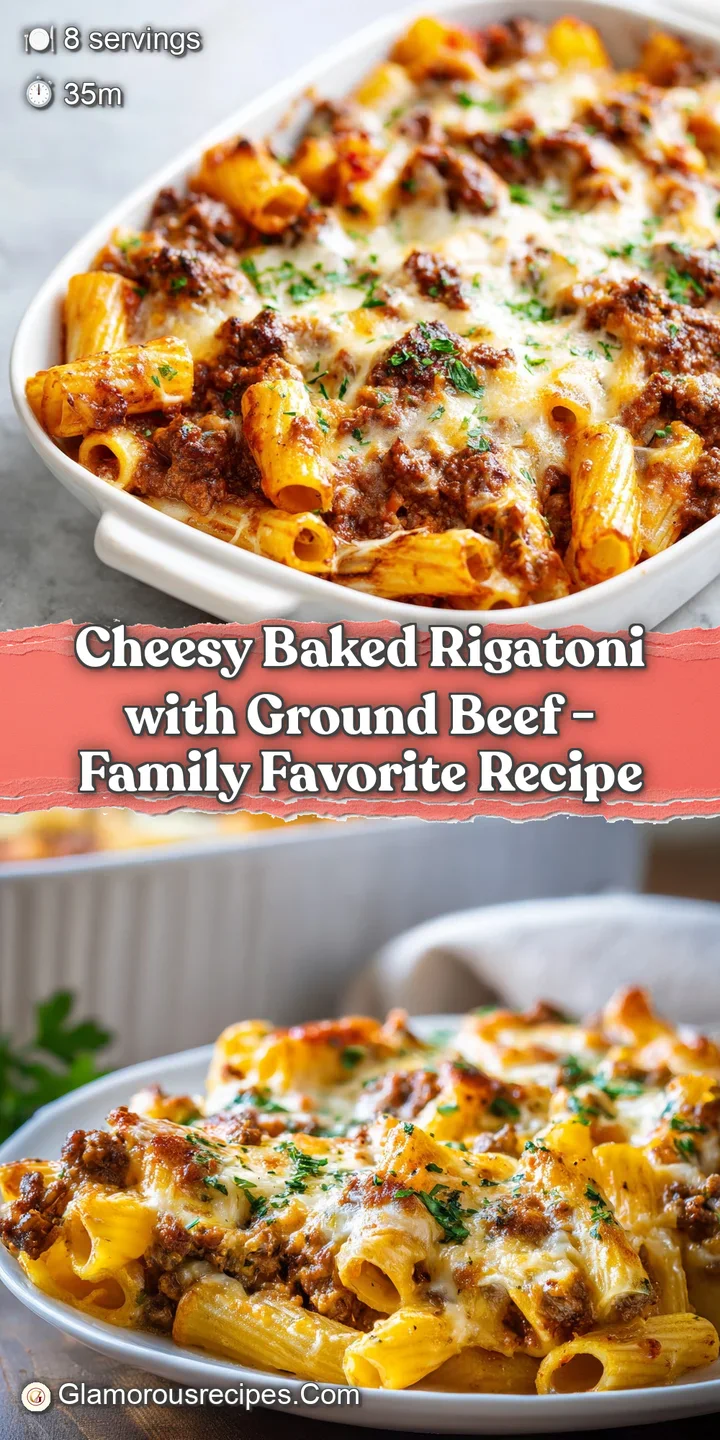 Close-up of beef rigatoni bake, highlighting the textures of crisp cheese, al dente pasta, and simmering, rich sauce.