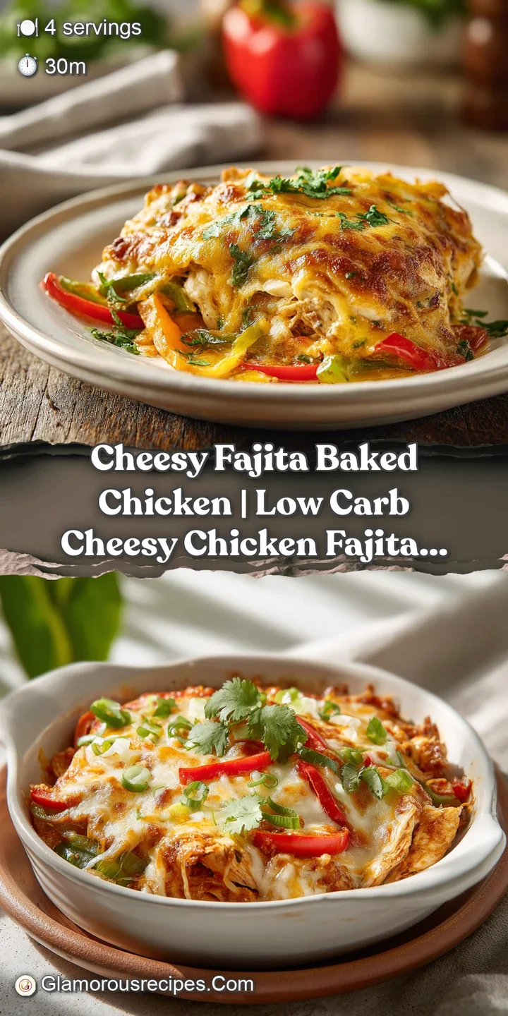 Close-up of bubbling, melted cheese over seasoned baked chicken and vibrant peppers.