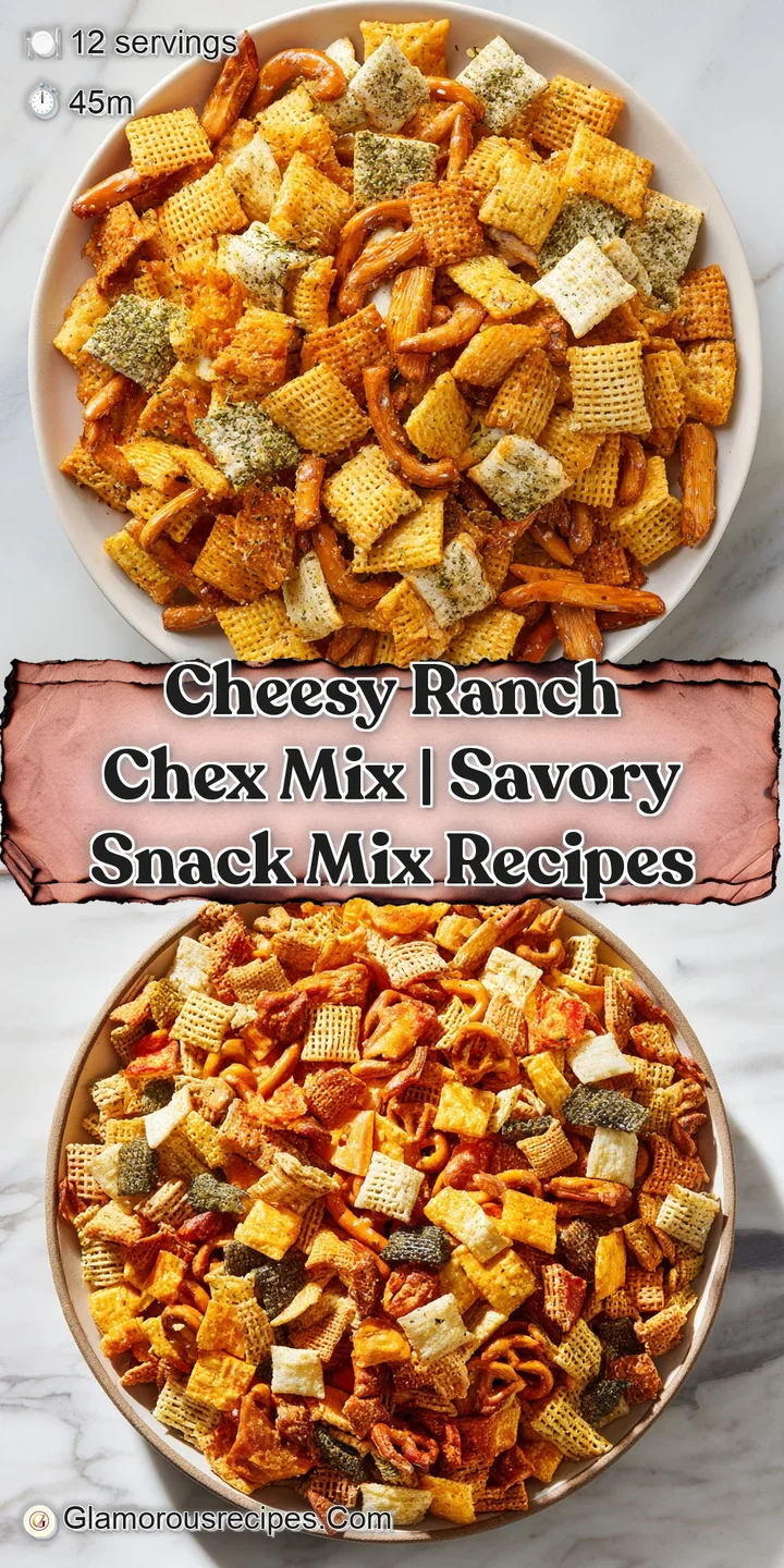 Close-up of toasted Chex pieces coated in melted cheese and fragrant herbs, invitingly crisp.