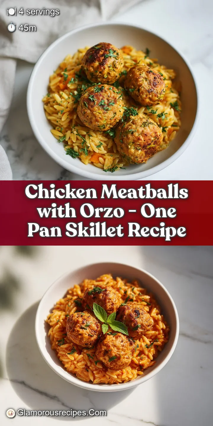 Close-up of moist chicken meatballs and al dente orzo, coated in a rich, creamy sauce with flecks of herbs visible through...