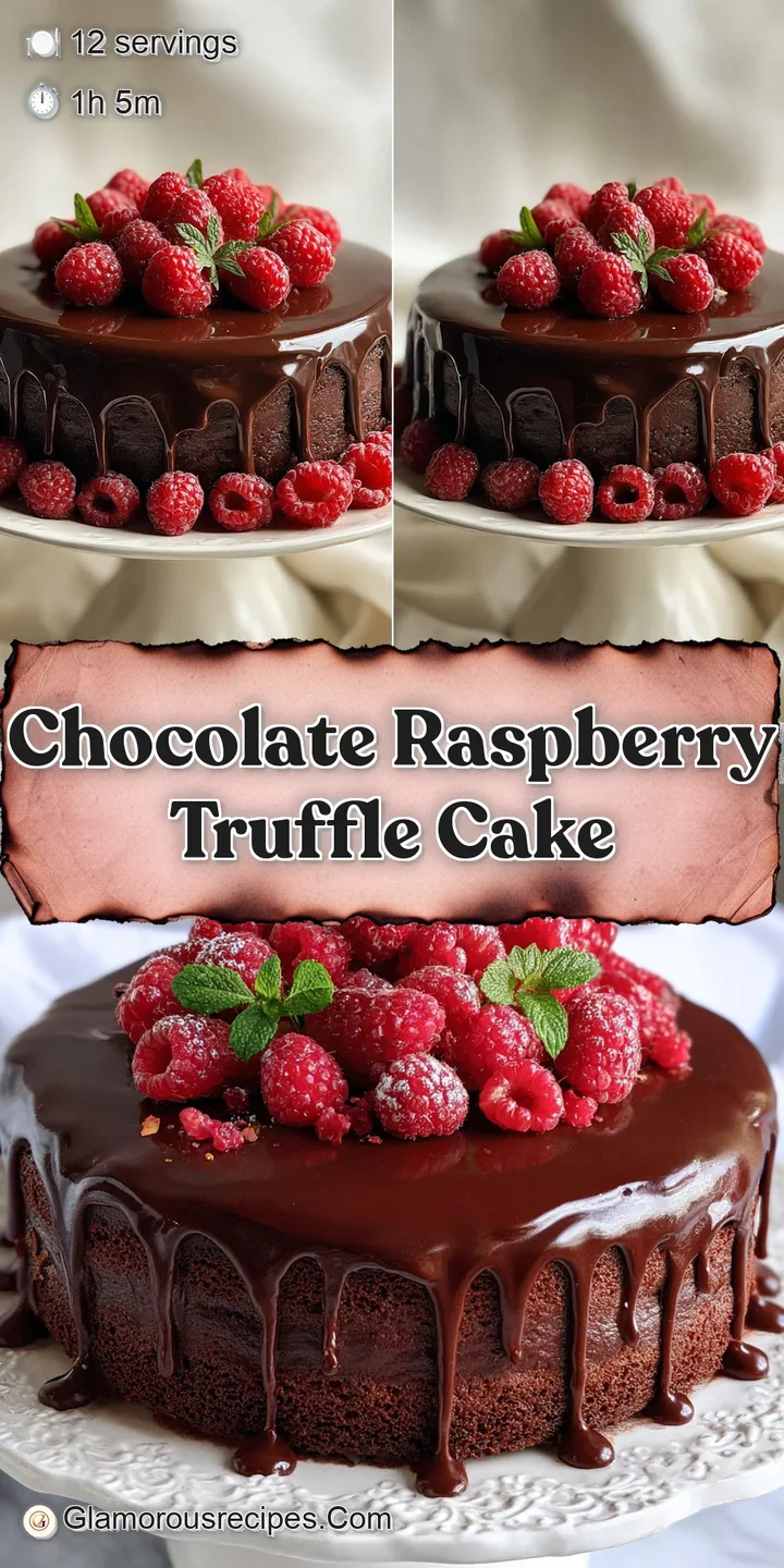 Close-up of glistening chocolate ganache and plump raspberries on a decadent cake, hinting at a fudgy, rich interior.