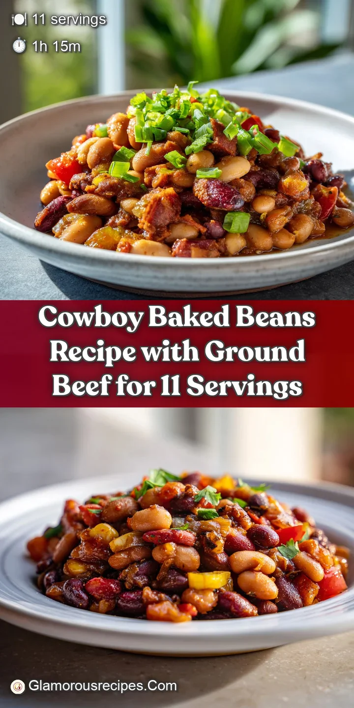 Close-up of glistening baked beans and seasoned ground beef, simmering in a thick, smoky-sweet sauce with flecks of herbs.