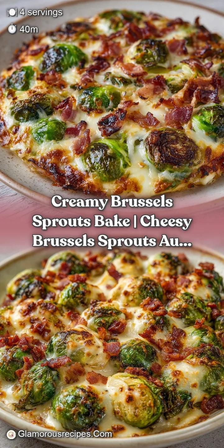 Macro shot of a tender, halved sprout coated in velvety cream sauce and topped with a piece of salty, crisp bacon.