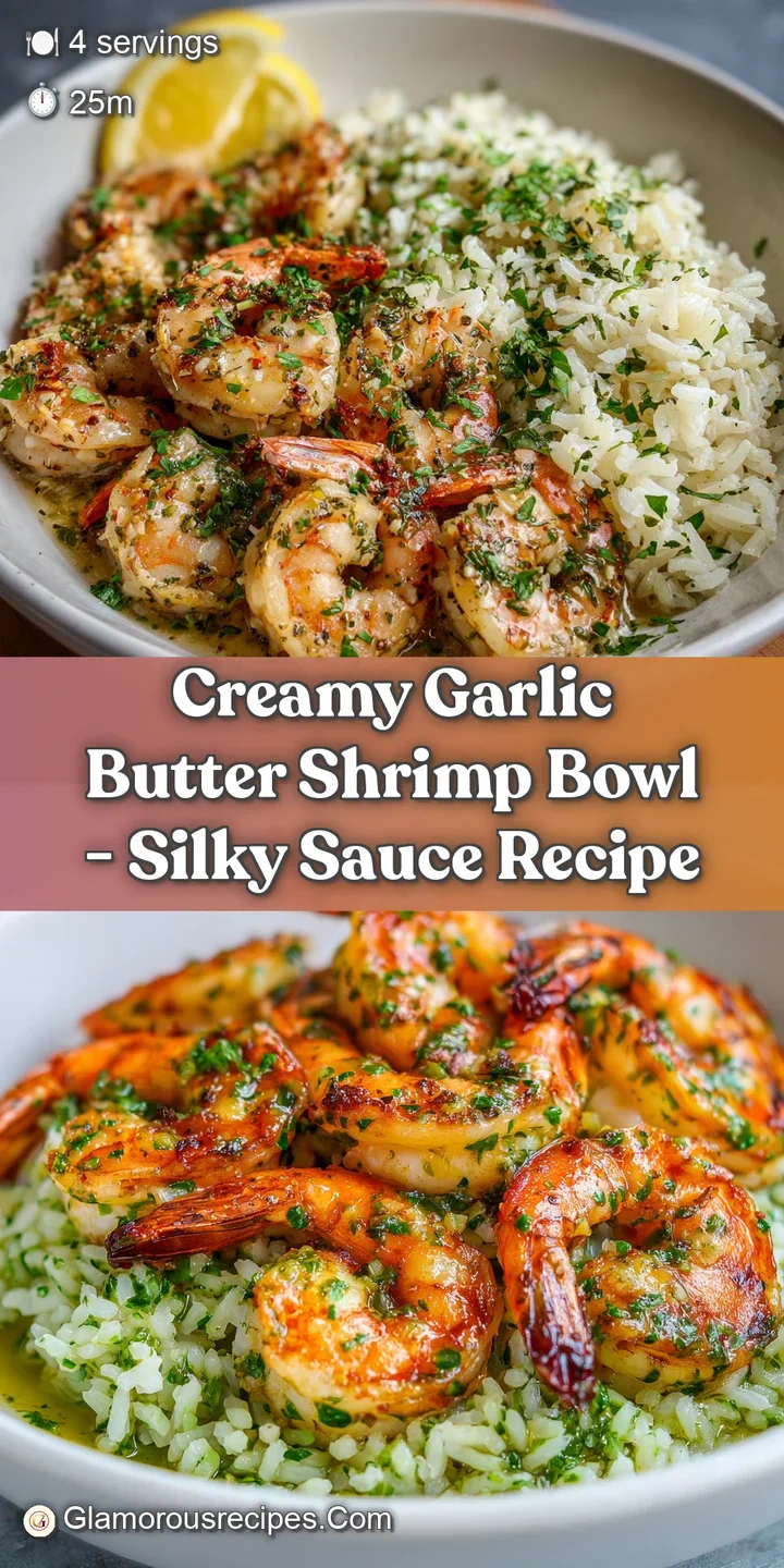 Close-up showcasing succulent shrimp glistening in a rich, creamy garlic butter sauce, hinting at the delicious flavor wit...