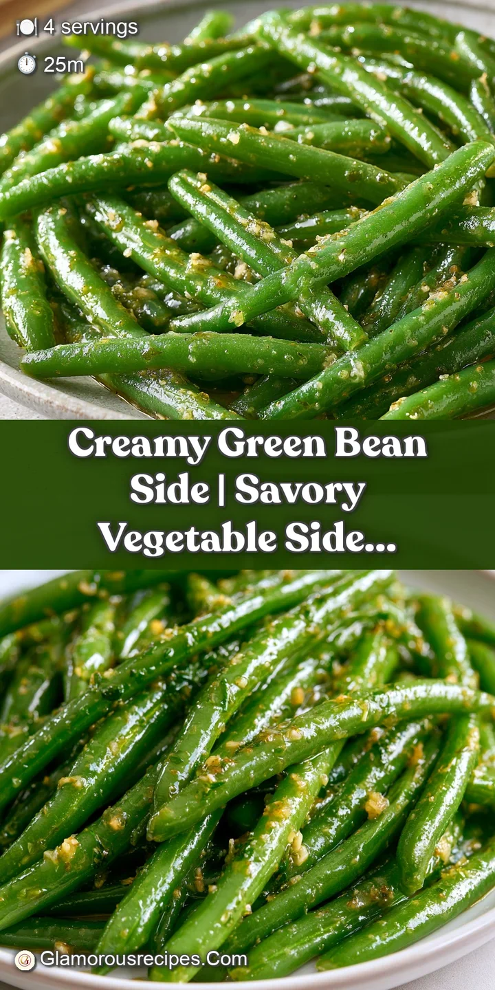 Close-up of crisp green beans glistening in a thick cream sauce with tiny toasted garlic cloves and cracked pepper.