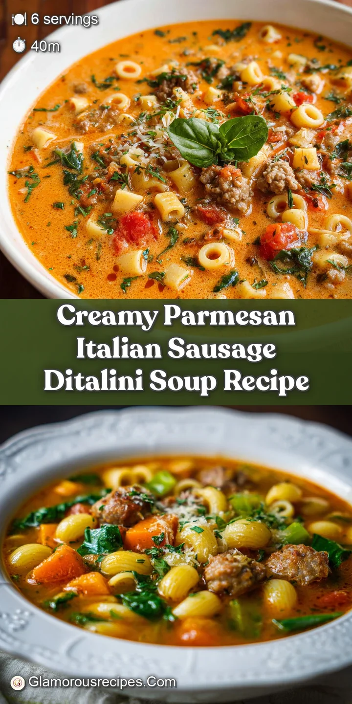 Close-up of rich, creamy ditalini soup with chunks of Italian sausage, parmesan cheese, and parsley flecks. Warm and invit...