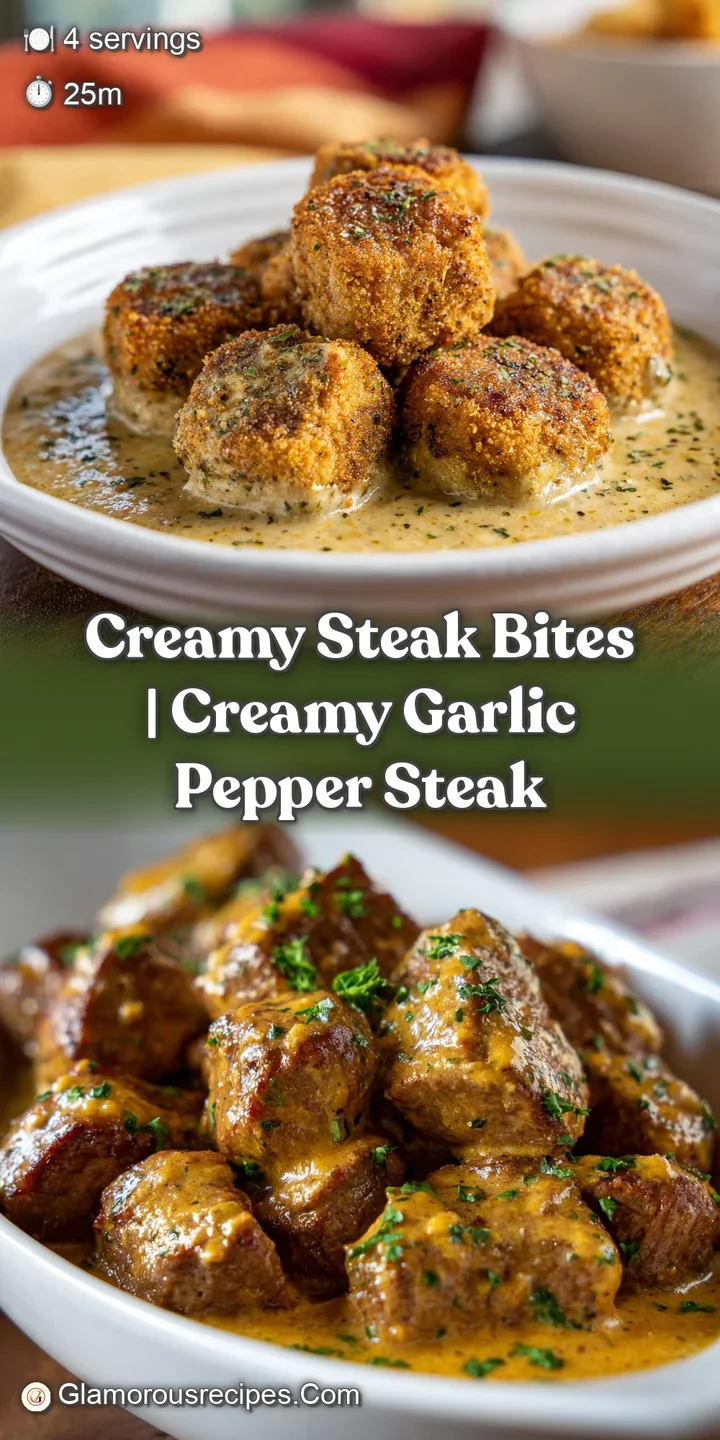 Close-up of juicy, browned steak bites glistening in a thick, creamy garlic sauce with a hint of melted butter.