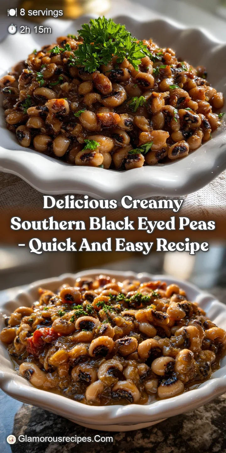 A close-up of simmering black-eyed peas, their creamy texture visible, with hints of spices and vibrant green herbs, emana...