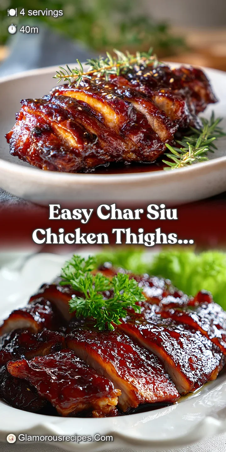 Appetizing close-up of the charred edges of a char siu chicken thigh. Golden brown glaze shimmers with a sticky sweetness ...