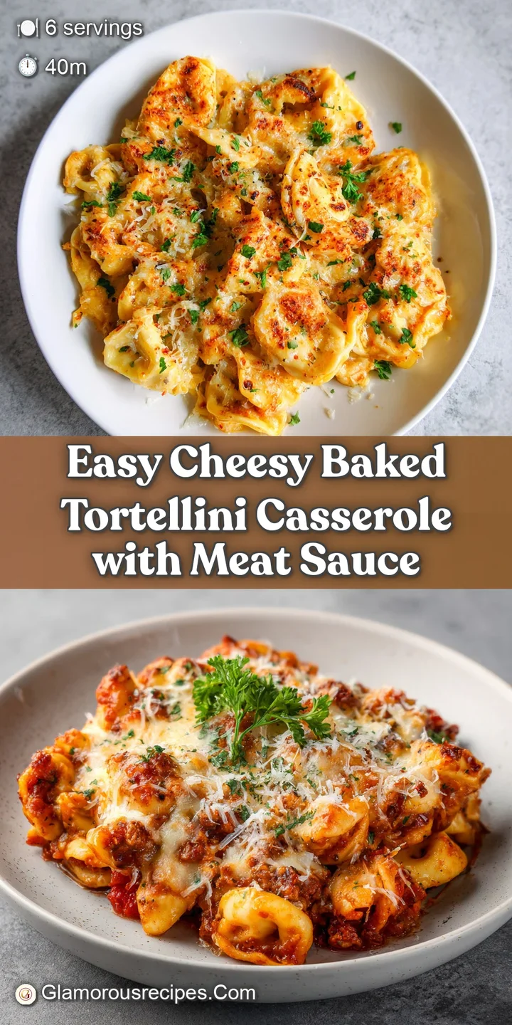 Close-up of tender tortellini in a vibrant, chunky meat sauce, topped with melted mozzarella.