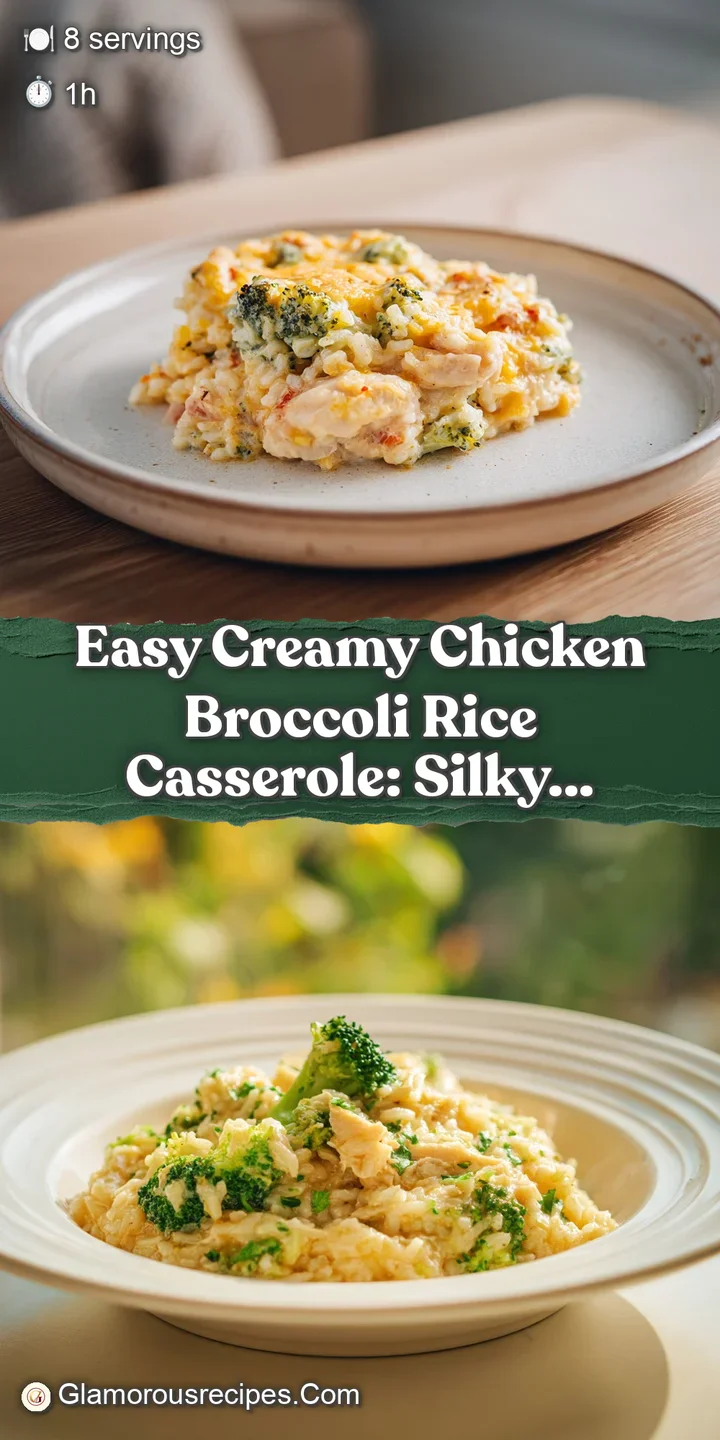 Close-up shot of creamy chicken and broccoli casserole, the textures of rice, chicken, and broccoli florets visible in the...