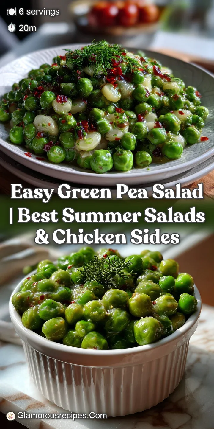 Vibrant green peas tossed with creamy dressing, speckled with red onion, a refreshing and colorful summer salad.