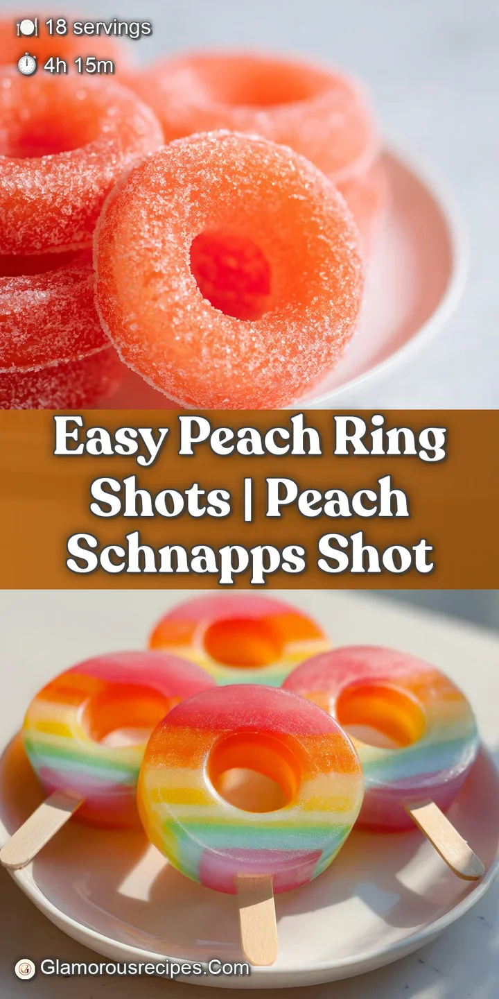 Close-up of a peach ring shot, highlighting the gelatinous texture and bubbly liquid. Sweet, bright, and ready to drink.