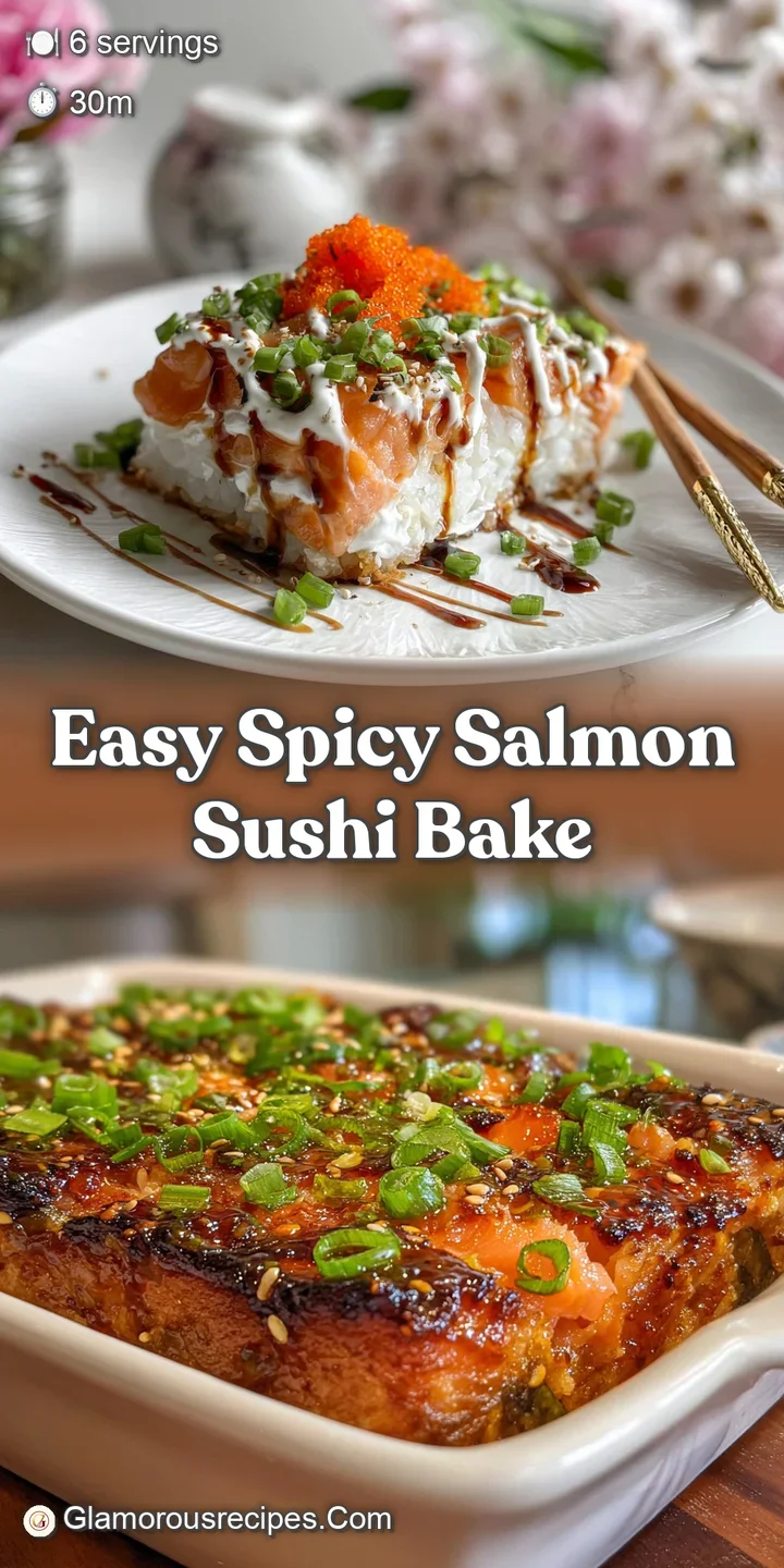 Close-up showcasing a delicious salmon sushi bake, creamy sauce glistening, with toasted sesame seeds against a vibrant sa...