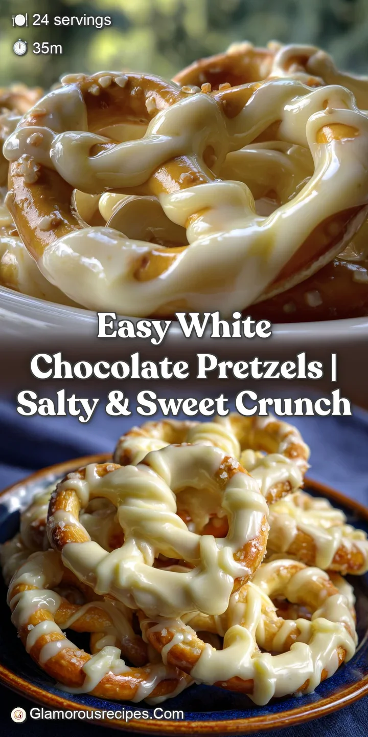 Close-up of a white chocolate pretzel, highlighting a shiny, brittle shell and hints of salty pretzel through the cracks; ...
