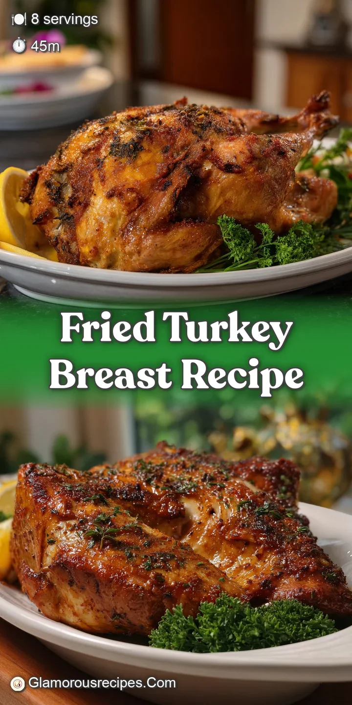 Close-up shot of fried turkey breast with crispy, browned skin; light reflects off the moist surface. Herbs dot the surface.