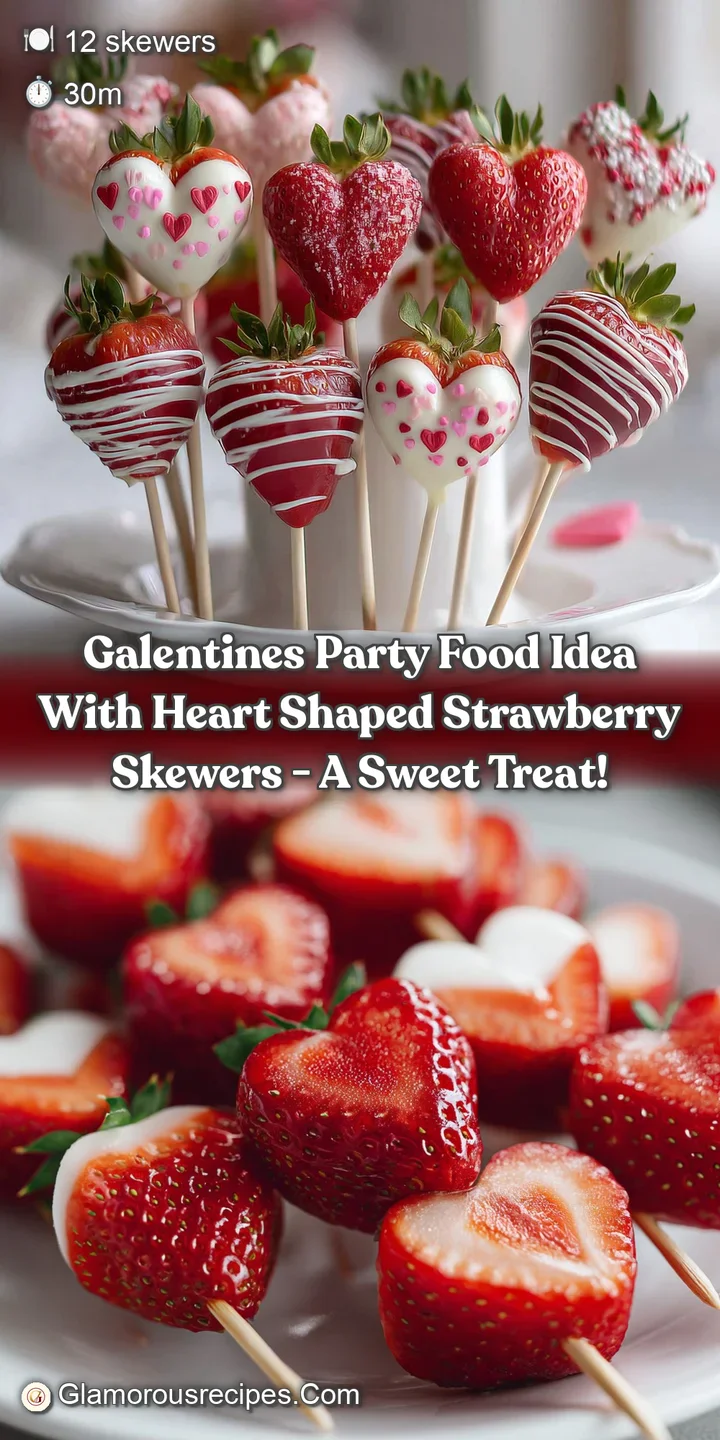 Close-up of glistening, ruby-red strawberry hearts on skewers. A delicious, easy appetizer for your Galentine's Day celebr...