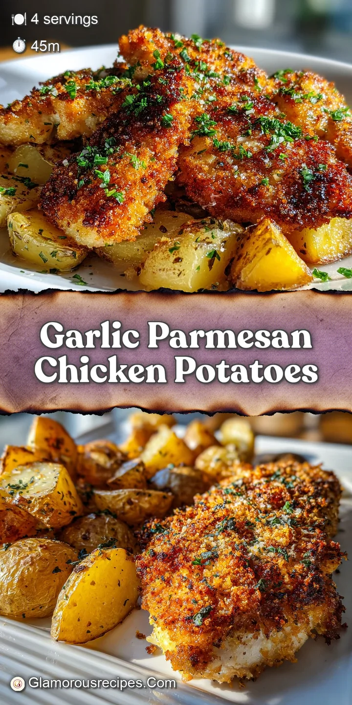 Close-up shows a juicy chicken piece; parmesan crust is visible, potatoes are golden, offering warmth and savory aroma. A ...