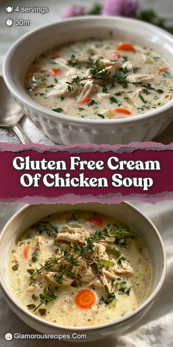 Close-up of creamy, rich chicken soup showing the texture of the broth, small pieces of chicken, herbs, and colorful chopp...