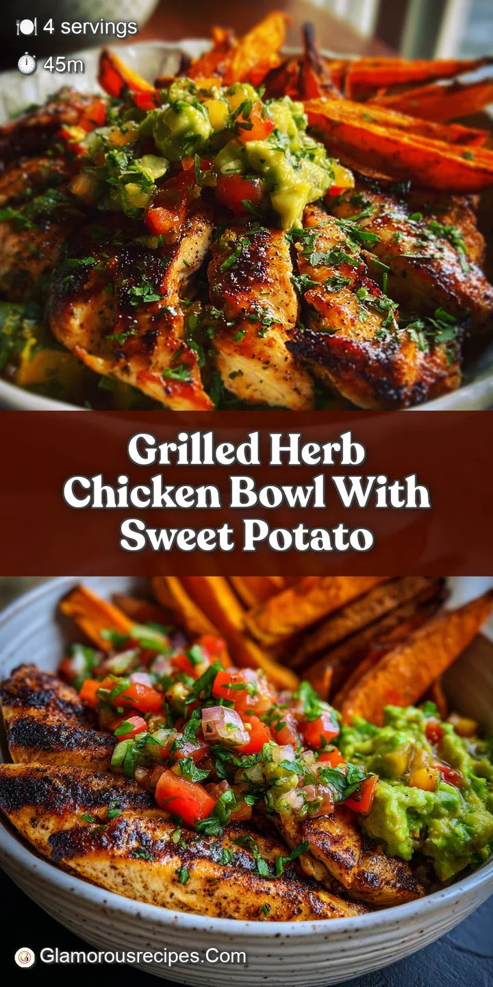 Close-up of tender grilled chicken and crispy sweet potato fries, steam rising, highlighting the herbs and inviting texture.