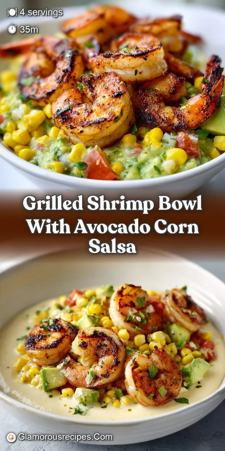 Close-up shot revealing the charred edges of the grilled shrimp, contrasting with the smooth avocado and bright corn.