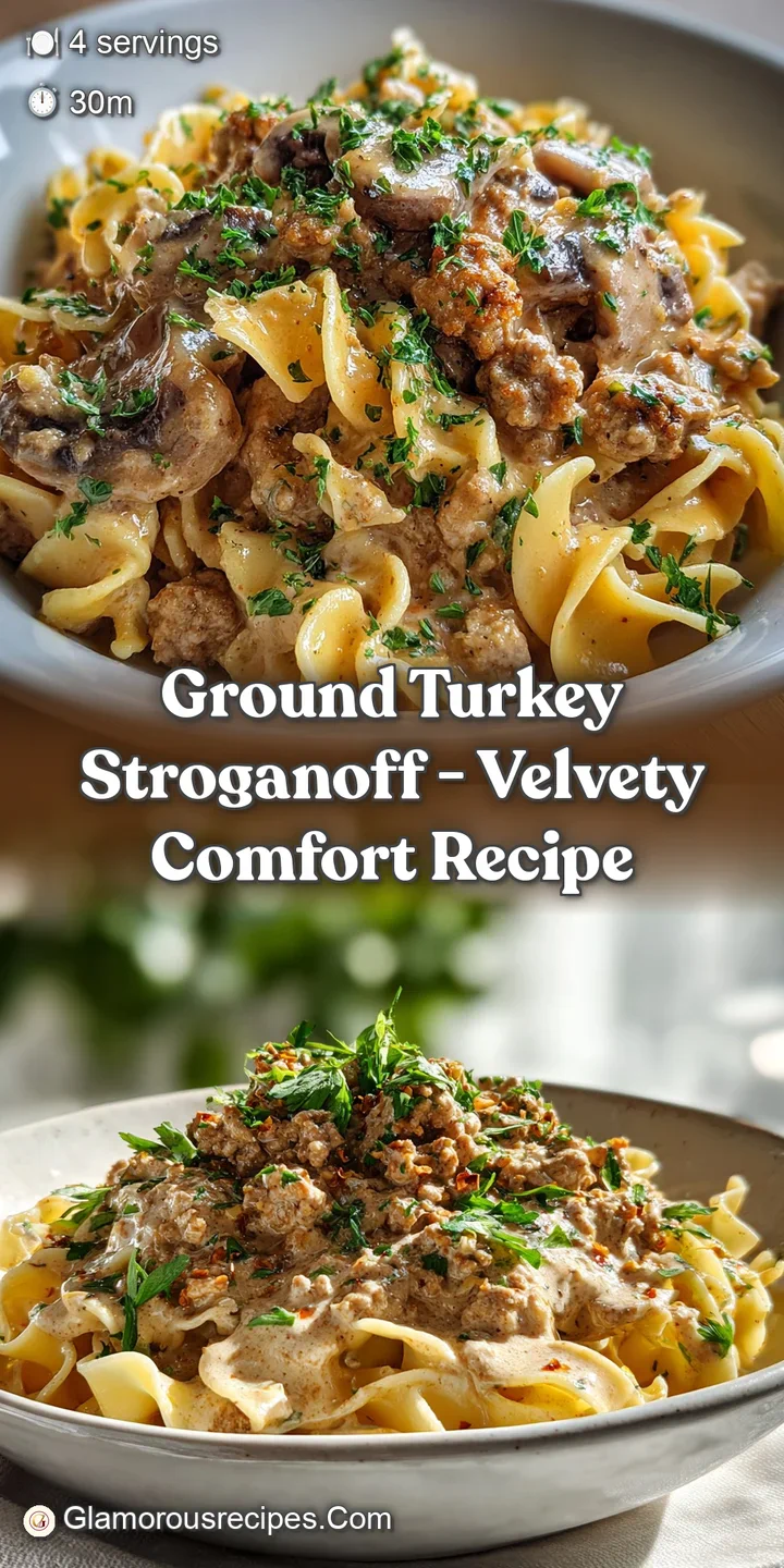 Close-up of luscious stroganoff: tender turkey, al dente noodles glistening in creamy sauce. Hints of paprika add warm color.