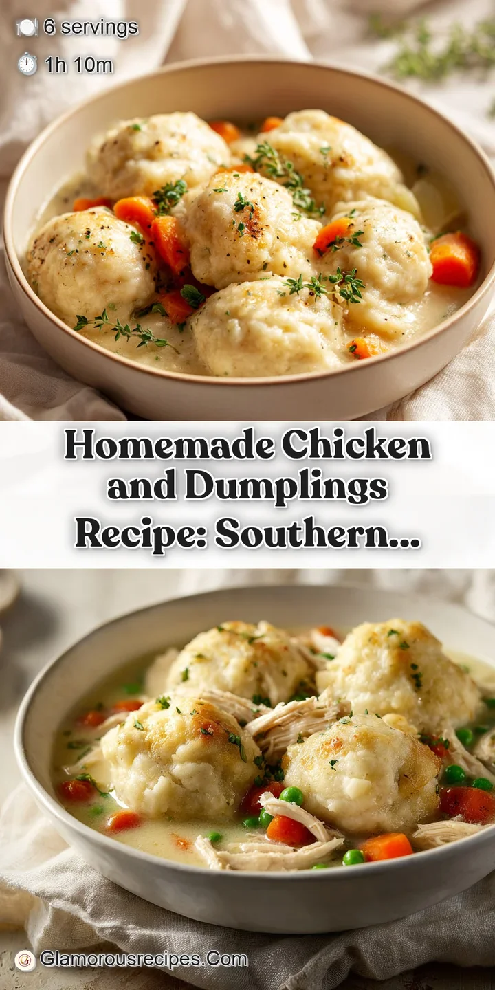 Close-up of simmering chicken and dumplings: soft, irregularly shaped dumplings floating in a golden, comforting broth wit...