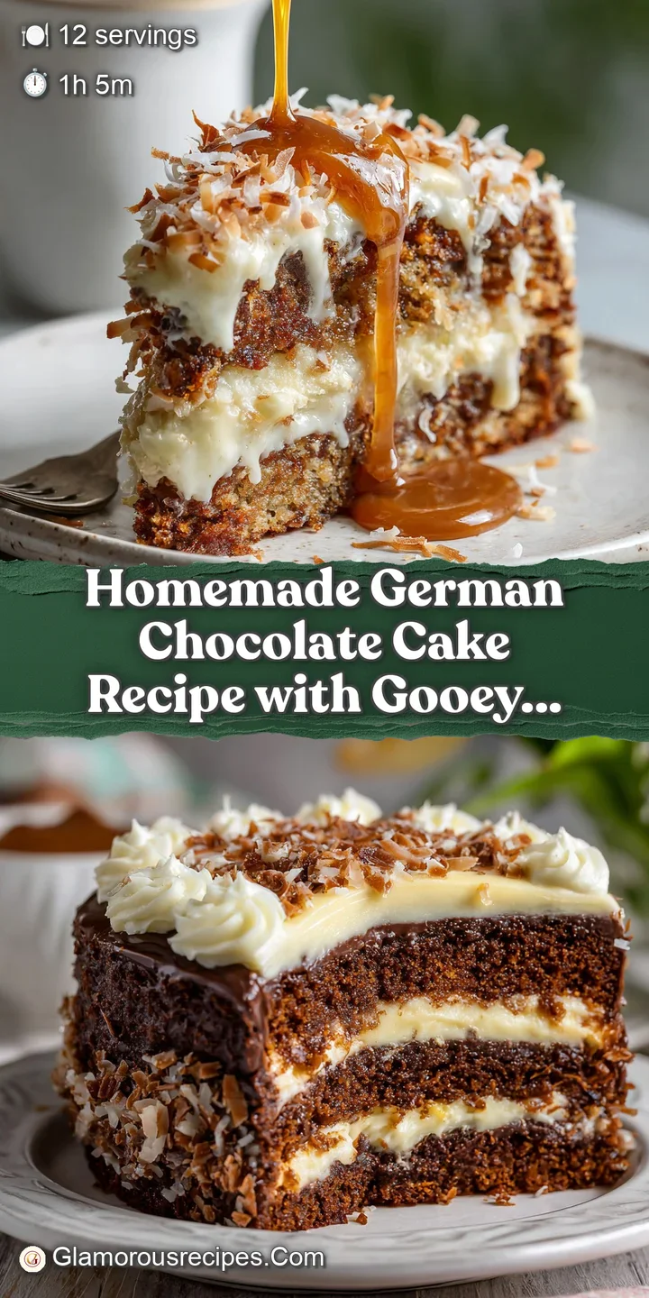 Close-up showcasing the gooey coconut pecan frosting clinging to the moist, dark chocolate cake. A sweet, irresistible del...