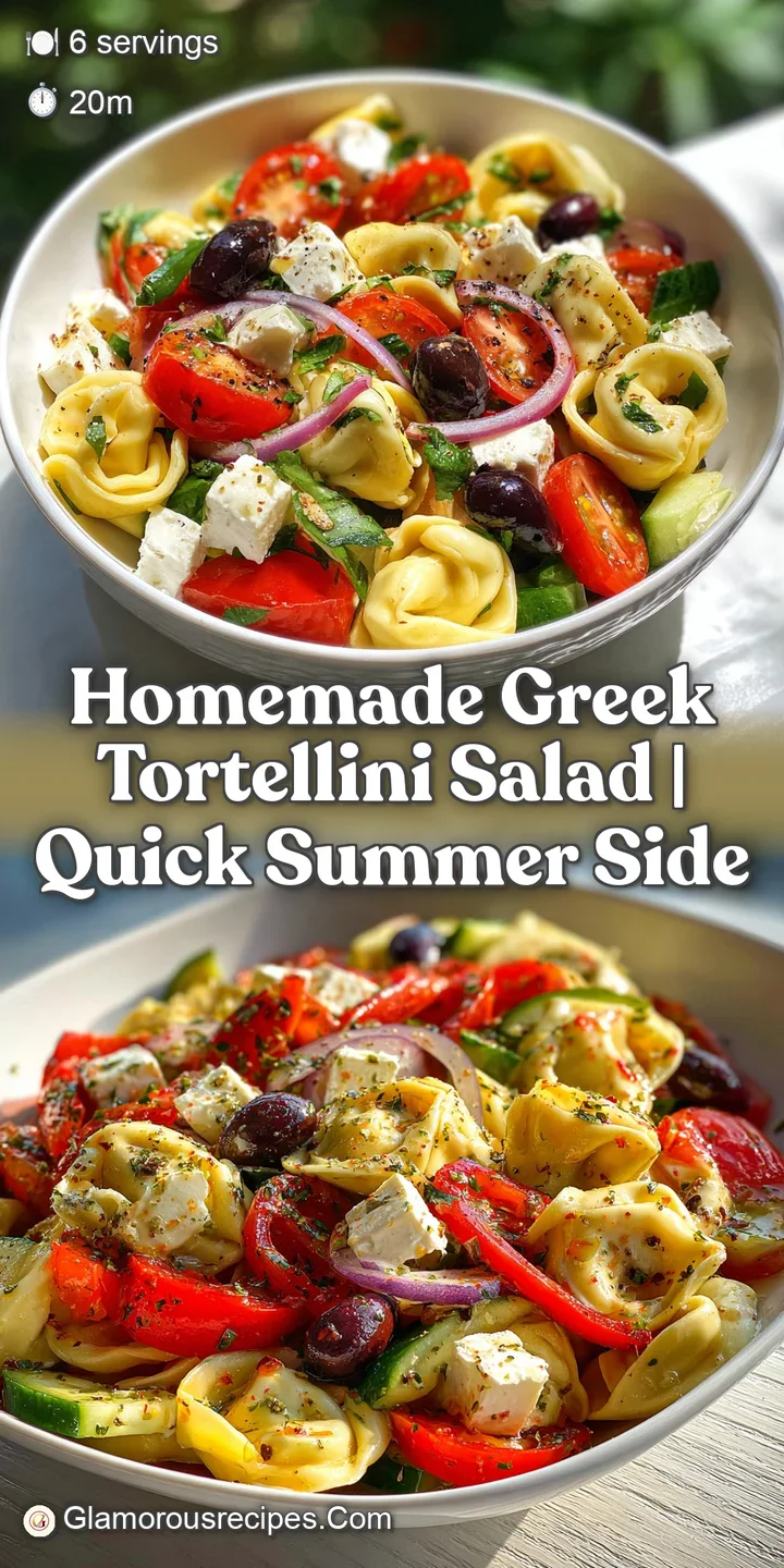 Close-up of a forkful of Greek tortellini salad: plump, glossy pasta, juicy chicken, and artichokes, drizzled with olive o...