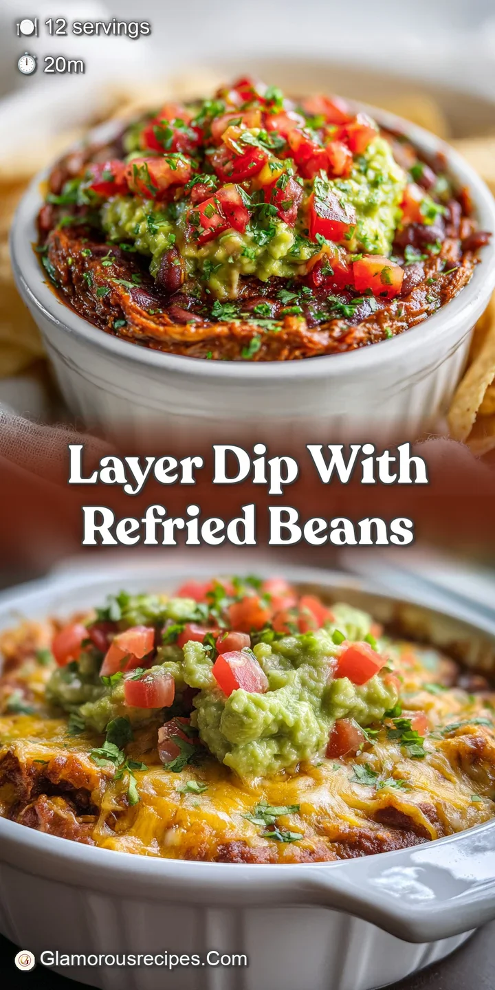Close-up of the seven-layer dip showcasing creamy refried beans, bright red salsa, and melted cheese with a sprinkle of gr...