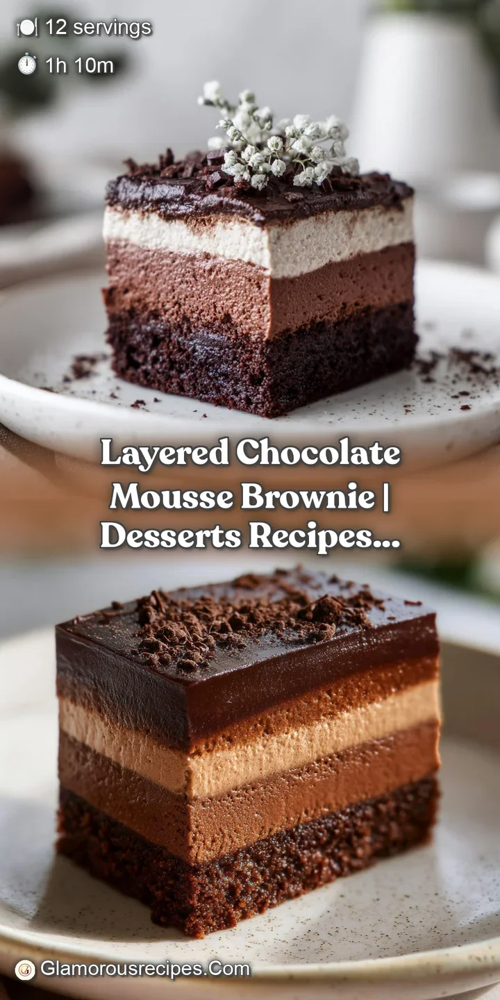 Close-up: swirls of airy chocolate mousse peek from dark chocolate brownie. Dusting of cocoa and curls of dark chocolate c...