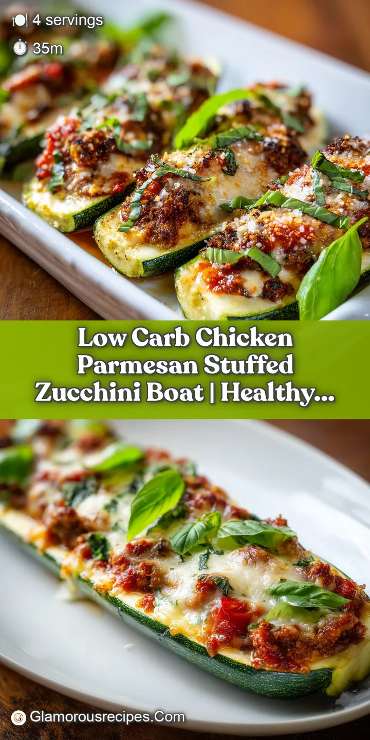 Close-up of a juicy, golden-brown chicken cutlet nestled in a vibrant zucchini boat, topped with melted cheese.