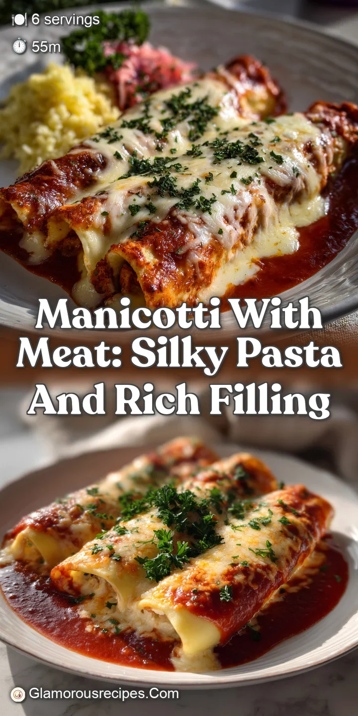 Close-up reveals the texture of manicotti pasta, filled with creamy ricotta and savory meat, topped with melted, bubbly ch...