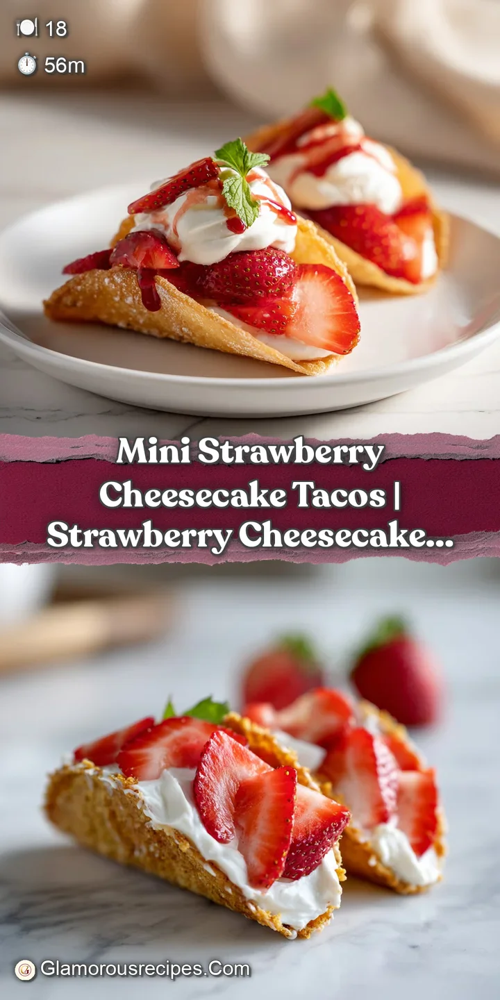 Close-up of a mini taco shell overflowing with smooth white cheesecake, studded with bright red strawberry pieces.