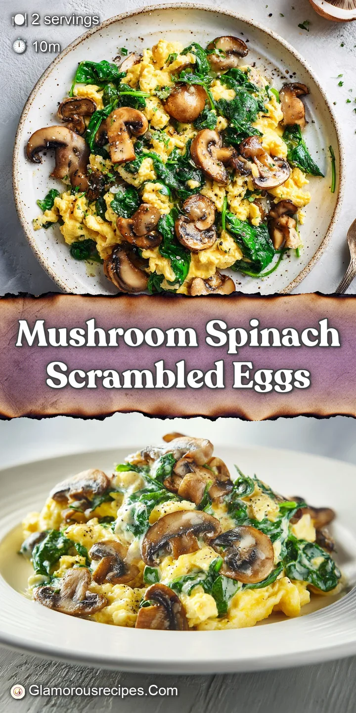 Close-up of steaming scrambled eggs, showcasing the tender texture of the spinach and the juicy, browned mushrooms within.
