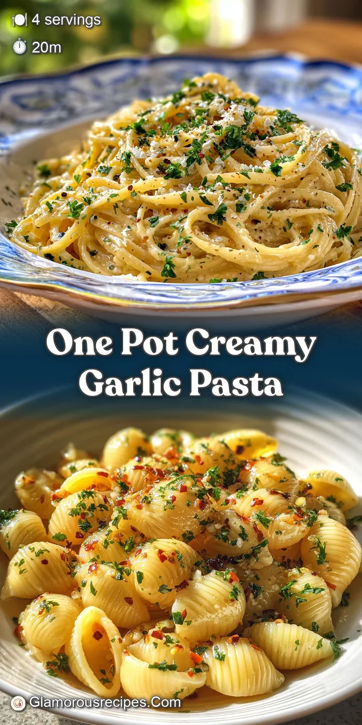 Close-up of creamy garlic pasta, glistening strands coated in a rich sauce. Freshly cracked pepper and herb garnish add vi...