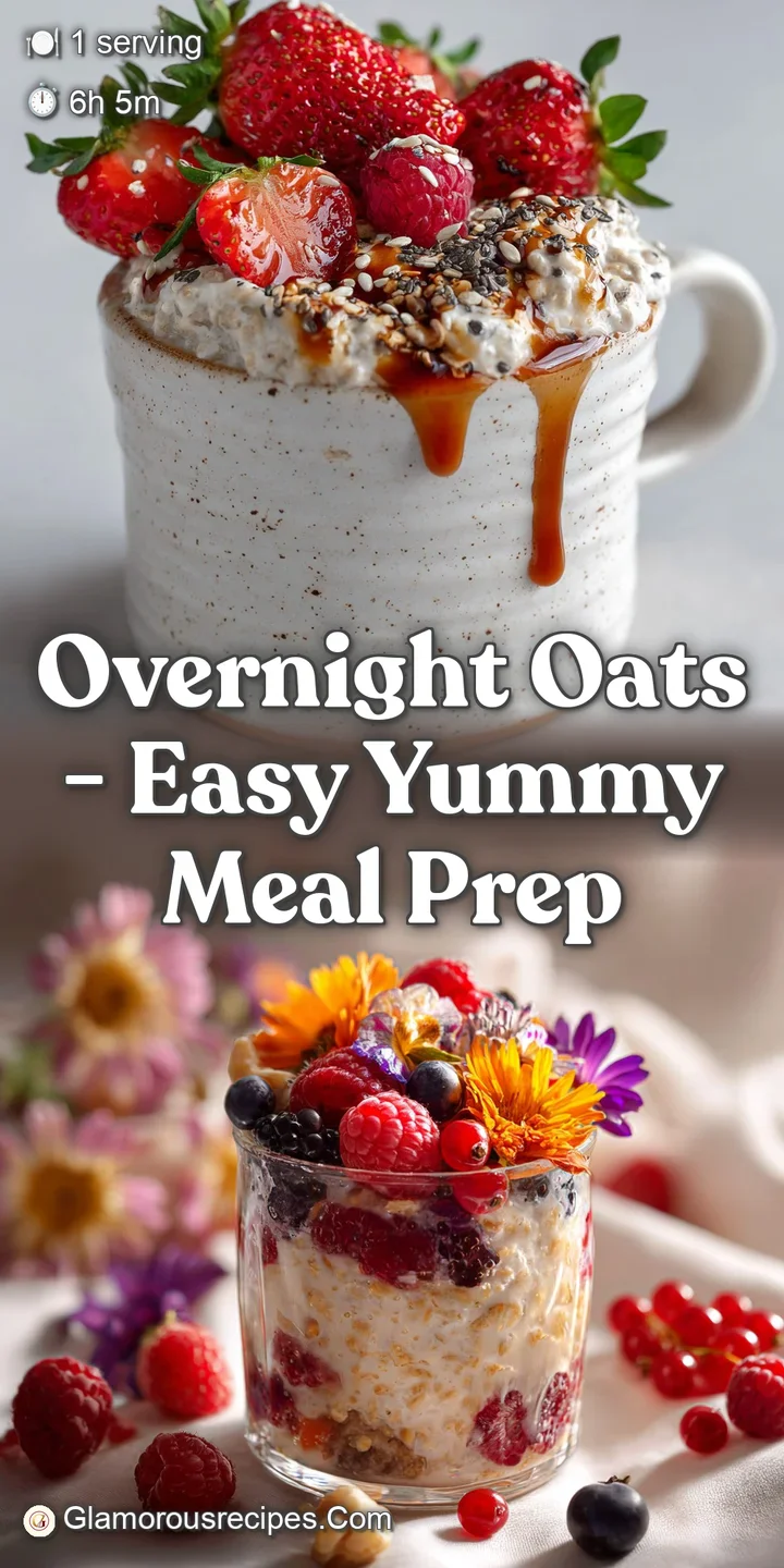 Close-up of creamy overnight oats swirled with fruit compote, showcasing the smooth texture and vibrant colors. An enticin...