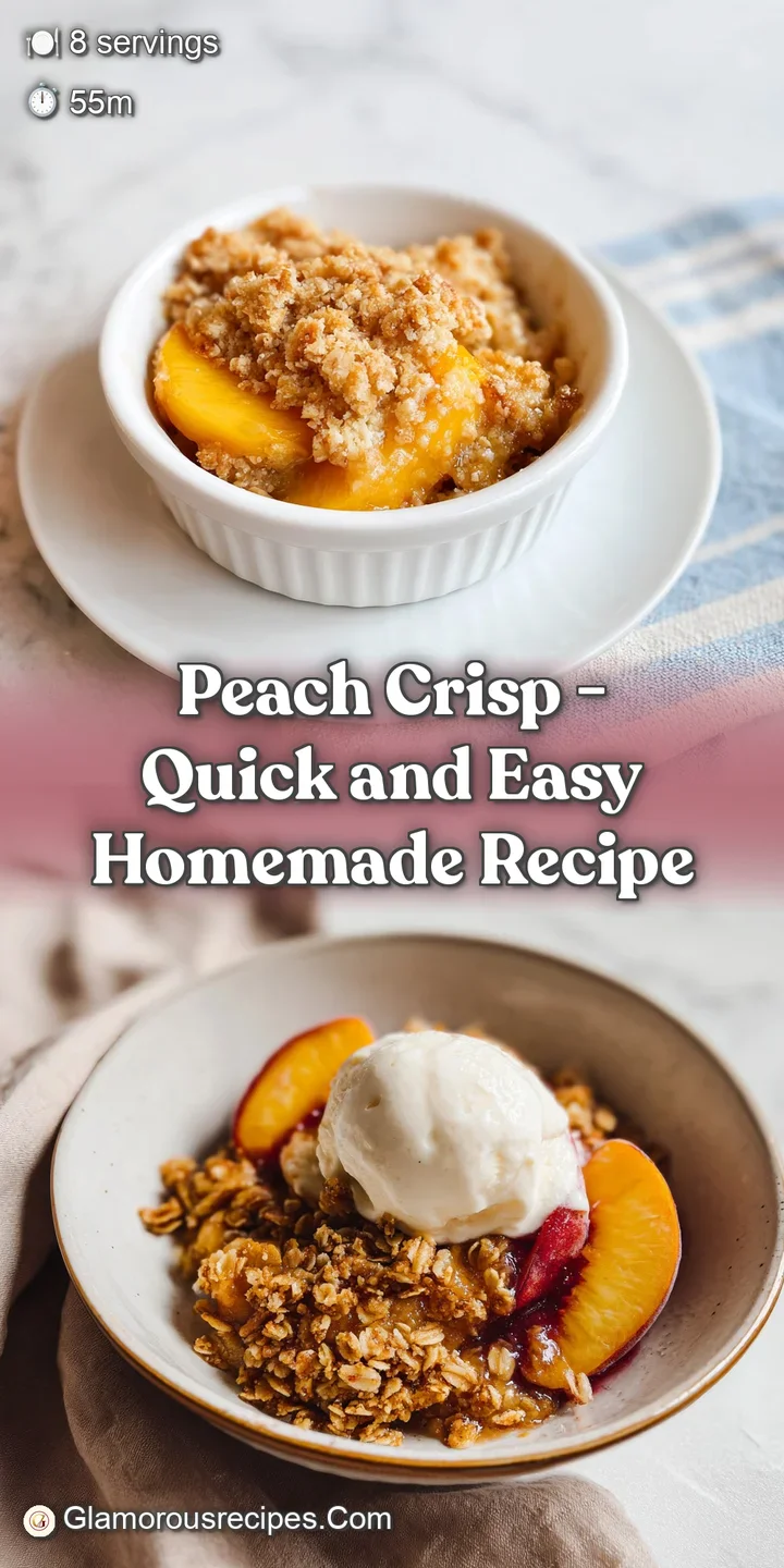 Close-up of juicy, caramelized peaches under a thick, toasted oat crumble topping.