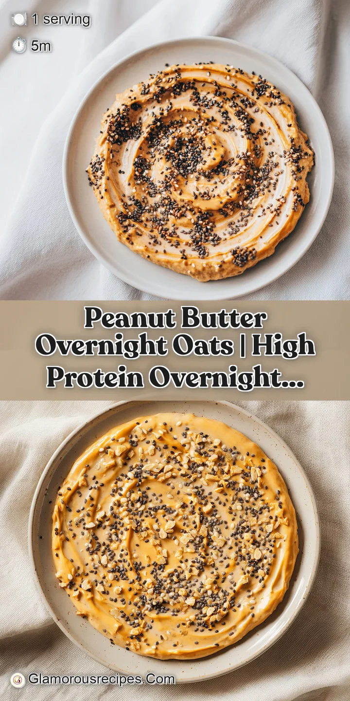 Extreme close-up of creamy, tan-colored oats with a rich swirl of melted peanut butter and a sprinkle of chia seeds.